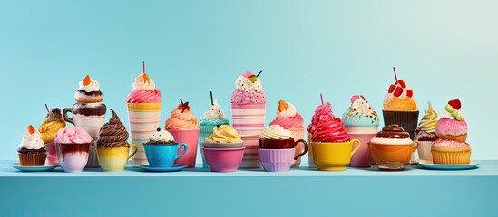 A vibrant collection of cups dishes and dessert items with a captivating display of colorful variety. Creative banner. Copyspace image