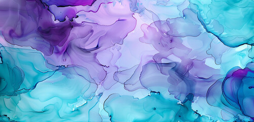Soft aqua and vivid purple abstract painting with alcohol ink and textured oil paint.