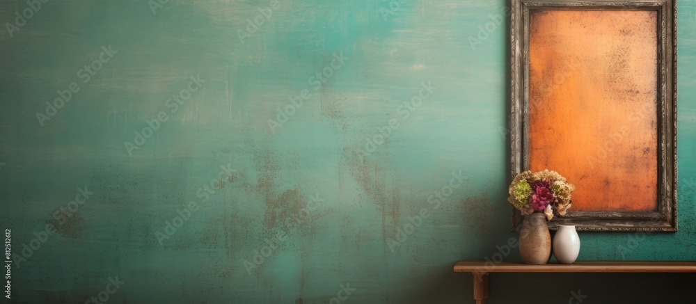 Aufkleber on the vibrant vintage wall there is a wooden picture frame providing ample space for adding an imag