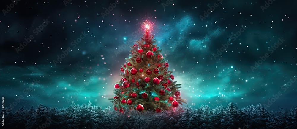 Aufkleber A vibrant Christmas tree with red lights and a hint of blue surrounded by lush green branches creating a stunning copy space image