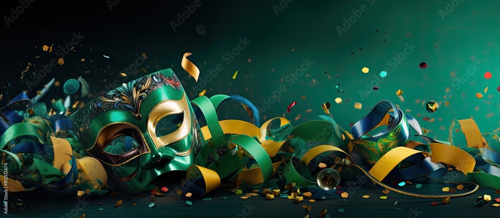 Poster a vibrant carnival party with colorful masks streamers and confetti set against a vivid green backdr