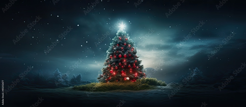 Poster A vibrant Christmas tree with red lights and a hint of blue surrounded by lush green branches creating a stunning copy space image