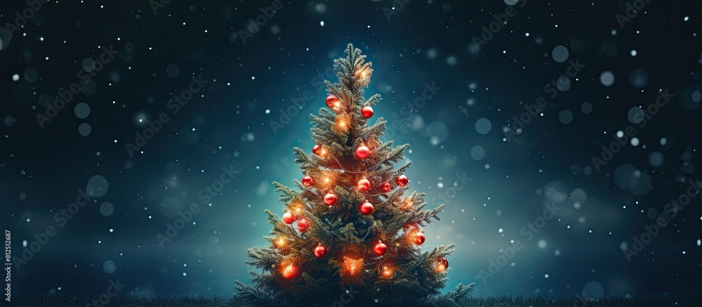 Poster A vibrant Christmas tree with red lights and a hint of blue surrounded by lush green branches creating a stunning copy space image
