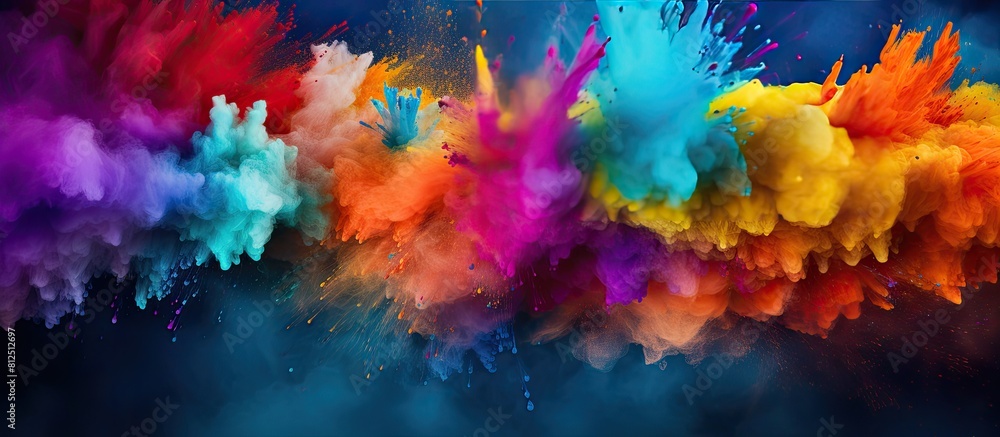 Poster A vibrant abstract explosion of multicolored powder particles creating a mesmerizing background with a freeze frame effect The image captures the dynamic motion of exploding color powder creating a s