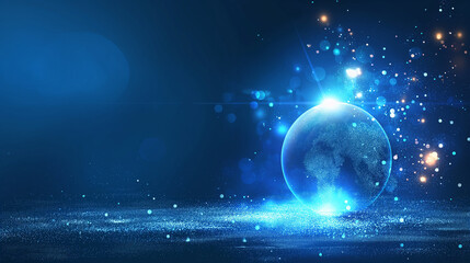 Fototapeta premium Vector illustrations of Abstract blue futuristic globe digital economic or metaverse with glowing particles around. Digital innovation and technology concepts.