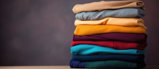 A collection of vibrant knitted sweaters alongside t shirts and polo shirts elegantly draped from hangers creating a captivating copy space image