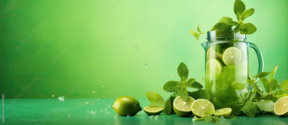 Poster A vibrant background showcases a copy space image featuring a collection of fresh lime a shaker a juicer and mint leaves