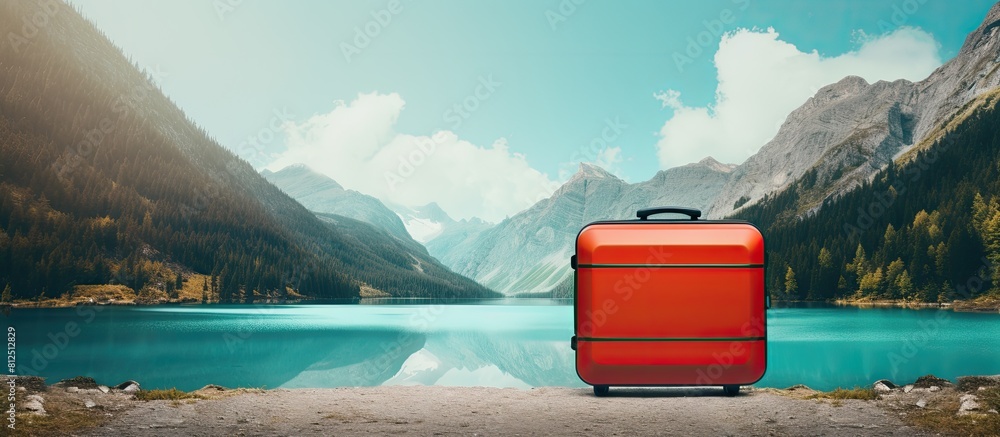 Poster a vibrant banner showcasing a suitcase against a picturesque backdrop offering ample space for text 
