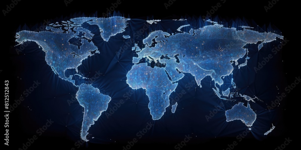 Poster glowing digital world map on a dark background with sparkling light points. global communication and