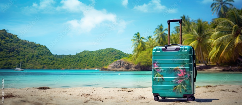 Poster a vibrant banner showcasing a suitcase against a picturesque backdrop offering ample space for text 