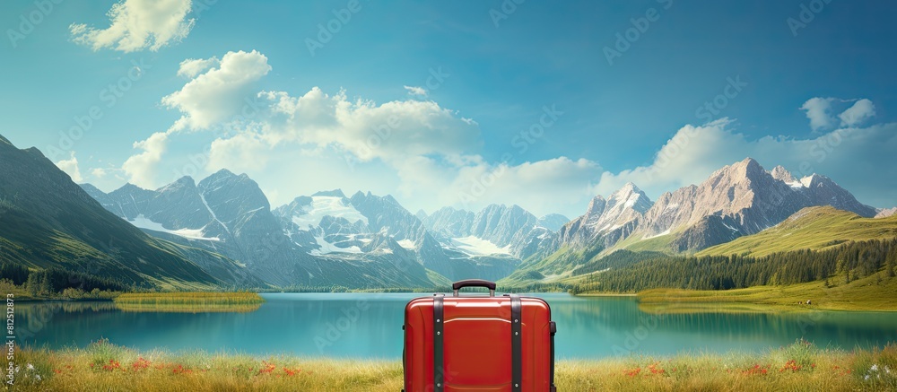 Poster a vibrant banner showcasing a suitcase against a picturesque backdrop offering ample space for text 