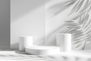 Abstract white room with realistic white cylinder pedestal podium set and leaf shadow overlay. Generative Ai.