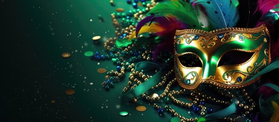A vibrant carnival themed design with confetti a masquerade mask and serpentine on a green backdrop Perfect for carnival birthday Mardi Gras or party invitations with copy space image