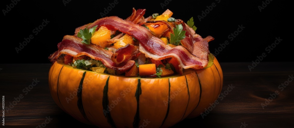 Aufkleber a view from the top of a black slate background filled with a stuffed pumpkin made with butternut me