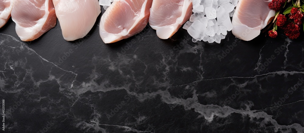 Poster A view from the top of raw sliced chicken breast fillet steaks on a marble board with a black background leaving space for a picture. Creative banner. Copyspace image