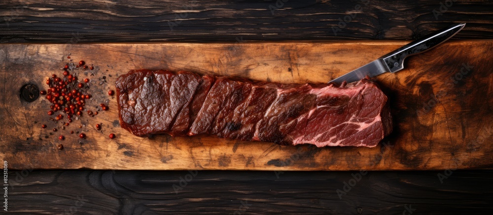 Poster A view from the top of a dark wooden background shows meat jerky on a butchery meat cleaver with enough empty space for text or images. Creative banner. Copyspace image