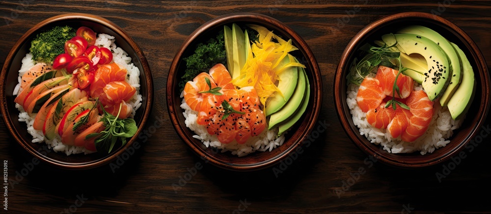 Poster top view copy space image of a traditional hawaiian meal consisting of poke bowls filled with shrimp