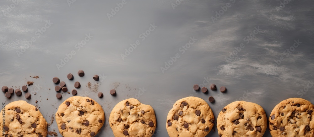 Fototapete top view copy space image of delicious chocolate chip cookies on a gray background perfect for addin