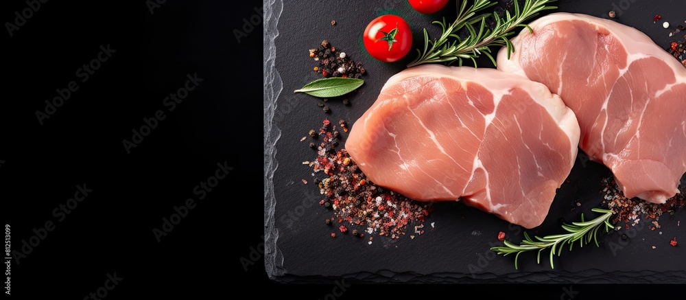 Aufkleber a view from the top of raw sliced chicken breast fillet steaks on a marble board with a black backgr