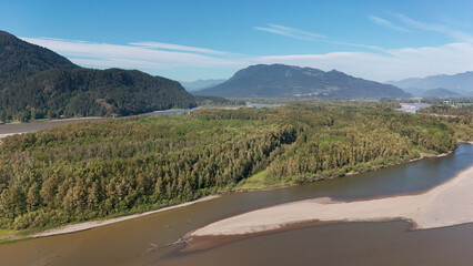 Aerial view of the Island 22 Regional Park along Fraser River in Chilliwack, British Columbia, Canada