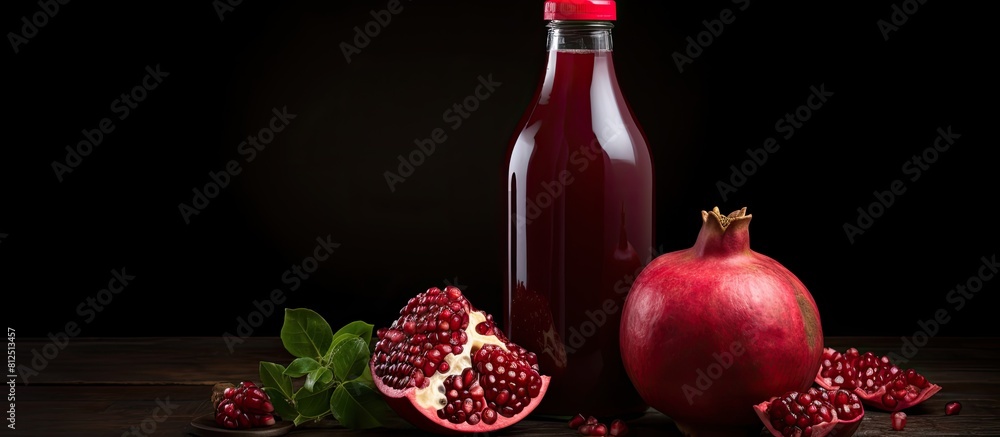 Poster A vitamin rich pomegranate juice bottle lies on a dark background along with a whole pomegranate creating a flat lay composition There is ample copy space in the image