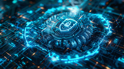 A digital shield projecting a force field around a server farm, defending against cyber attacks