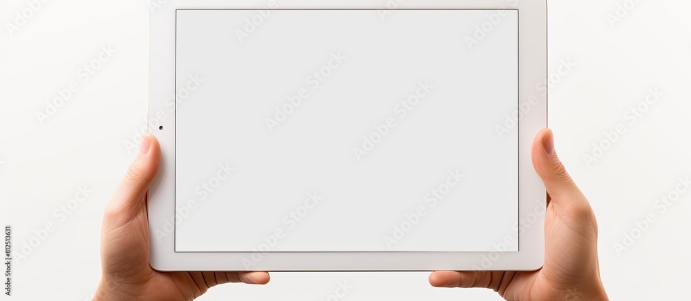 Poster A white background with a hand holding a tablet PC featuring a blank screen to insert an image. Creative banner. Copyspace image