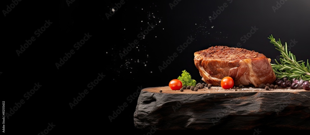 Poster a well done juicy fried meat piece is placed on a stone plate on a black wooden table creating a foo