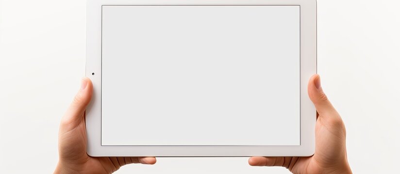 A white background with a hand holding a tablet PC featuring a blank screen to insert an image. Creative banner. Copyspace image