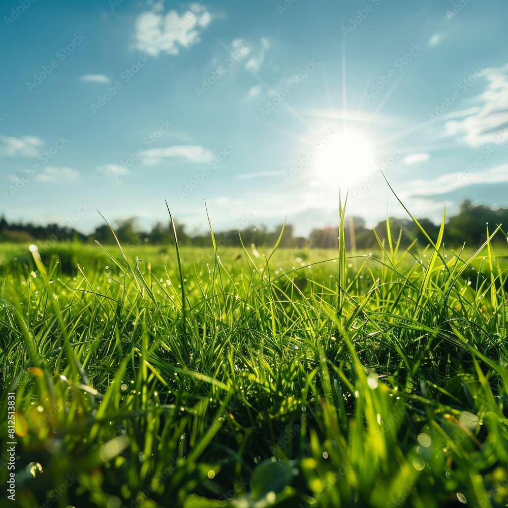 Poster Close-up of fresh green grass with dew drops sparkling in the sunshine, showcasing nature's simplicity and beauty