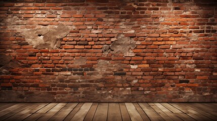 Empty room with rustic red brick wall and wooden floor