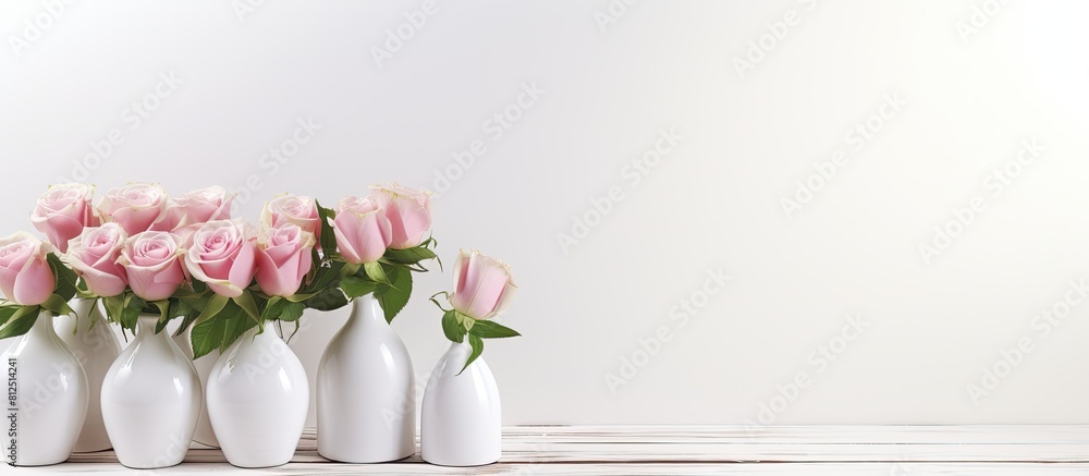 Poster A white wooden table with a shade is adorned with beauty product samples and roses creating a visually appealing copy space image