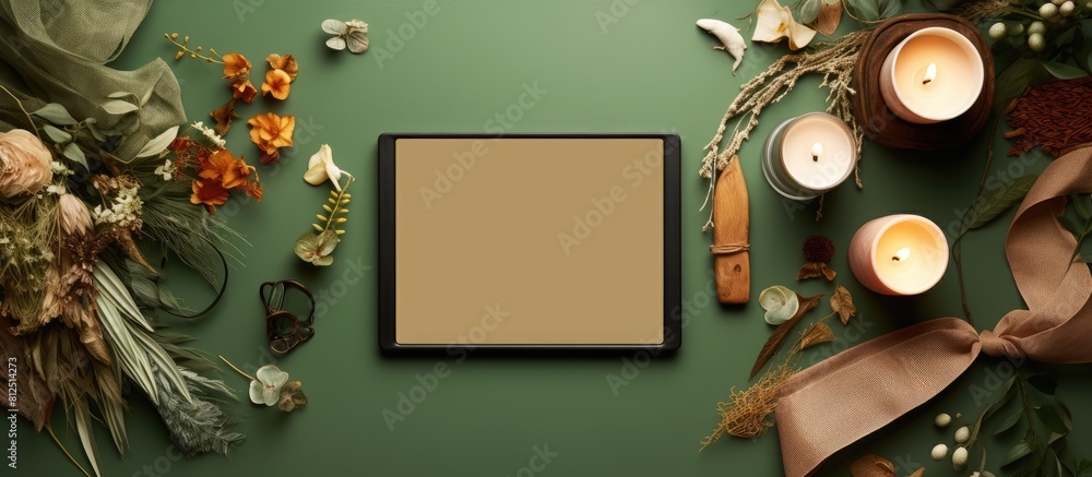 Poster aesthetic feminine workspace with an autumn composition top view of a digital tablet mockup on a gre
