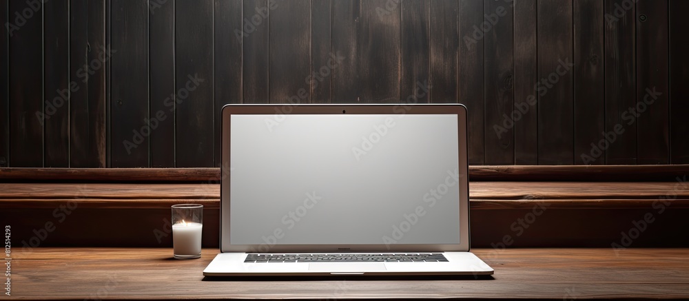 Poster a blank screen workspace with a laptop on a table providing ample space for adding images or text