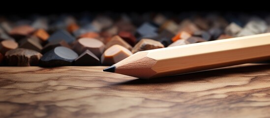 Wooden pencil with a stone laminate veneer and sample material serves as a design concept providing ample copy space for creative ideas and text