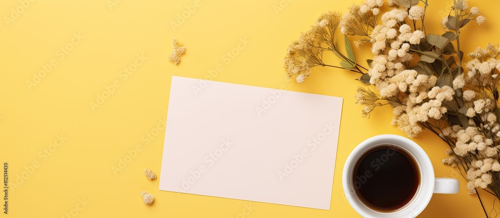 Poster Yellow background with a flat lay of a mockup paper blank accompanied by a coffee cup and a bouquet of herbs flowers Ample copy space is available