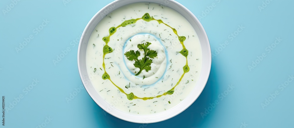 Poster traditional turkish yogurt soup with green sauce in a blue bowl placed on a white background represe