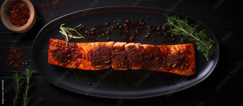 Poster above a horizontal view captures a flatlay of a black plate adorned with a succulent baked salmon fi