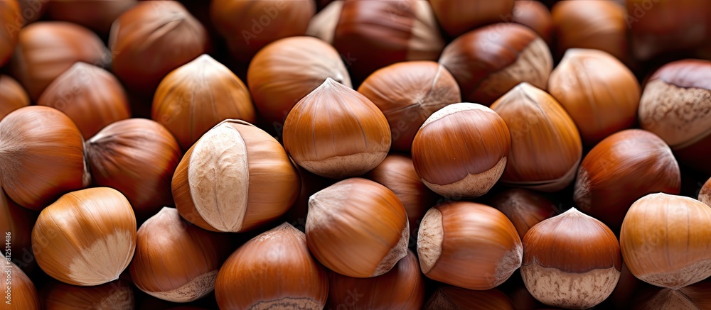 Poster abundance of hazelnuts with ample copy space image available