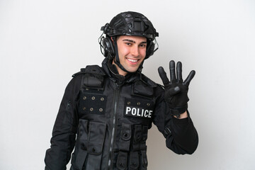 SWAT caucasian man isolated on white background happy and counting four with fingers