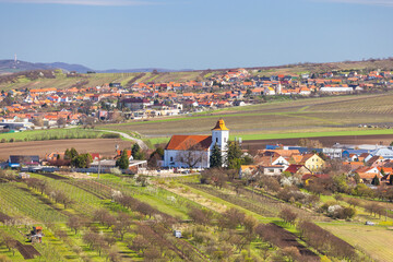 View of Boretice village from The Slunecna lookout tower near Velke Pavlovice in wine region of...