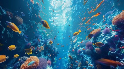 Immerse yourself in the underwater beauty with this 3D wallpaper, where vibrant fish dance through a fascinating landscape.