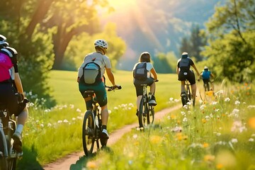 Nature Cycling, Group Enjoying a Biking Excursion Along a Scenic Meadow Trail.