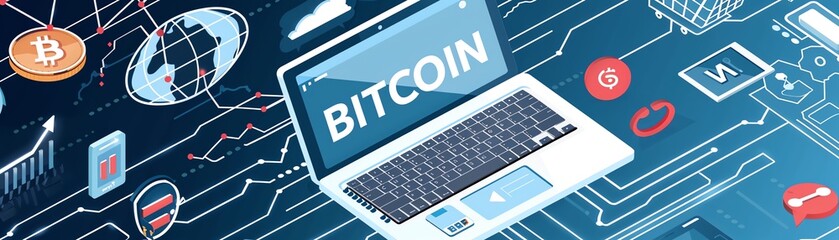 Icon design featuring btc laptop icon on screen with icons