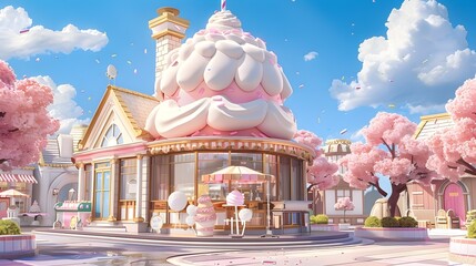 Whimsical Candy Themed Amusement Park with Blooming Sakura Trees in a Vibrant Cityscape