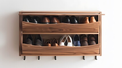 Design a space-saving wall-mounted shoe rack with customizable compartments, ideal for maximizing hallway storage without sacrificing aesthetics.