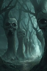 Haunted Forest Path with Skull Trees Artwork
