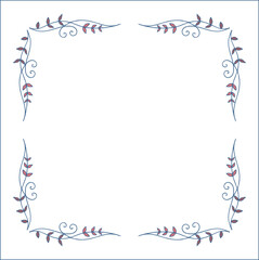 Blue vegetal ornamental frame with leaves, decorative border, corners for greeting cards, banners, business cards, invitations, menus. Isolated vector illustration.	
