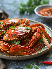 Singaporean chili crab, a beloved regional delicacy, served piping hot on a plate with a vibrant tomato-chili dipping sauce and fresh herbs. The bold tastes of Singaporean cuisine.