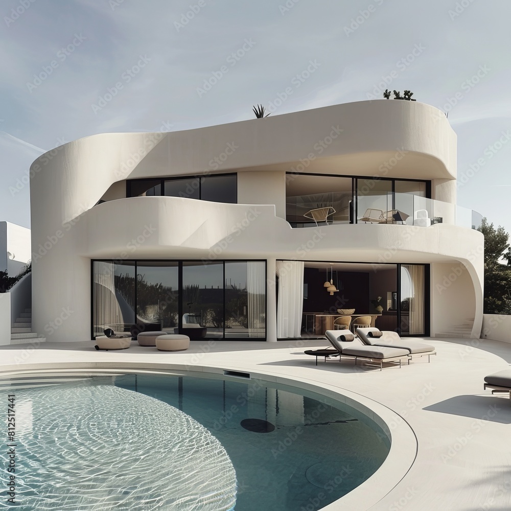 Wall mural An architectural marvel capturing the essence of modern luxury living with a sleek white villa and a tranquil pool under the evening sky